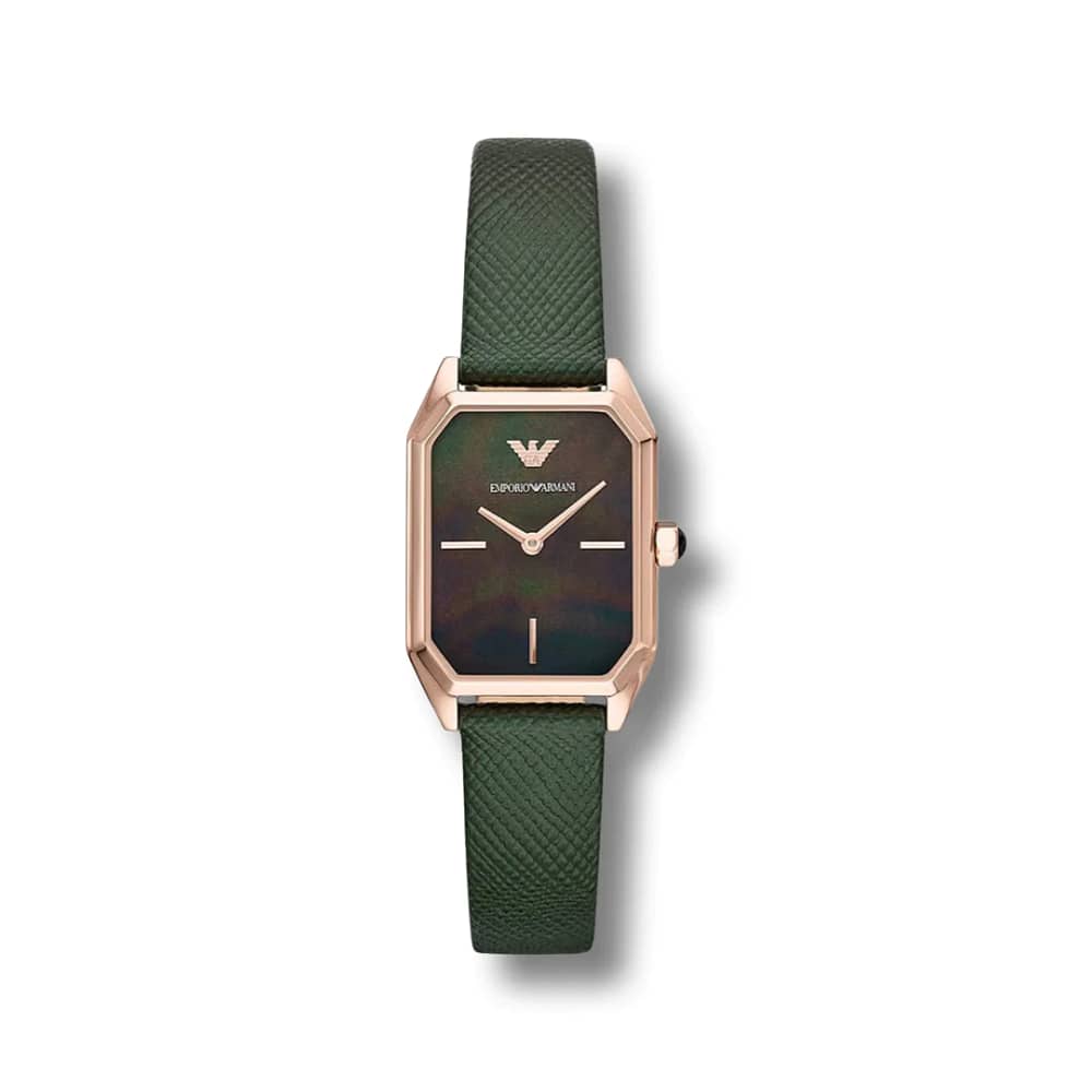 Emporio Armani Women’s Quartz Green Leather Strap Black Mother of Pearl Dial Watch 24mm  AR11149