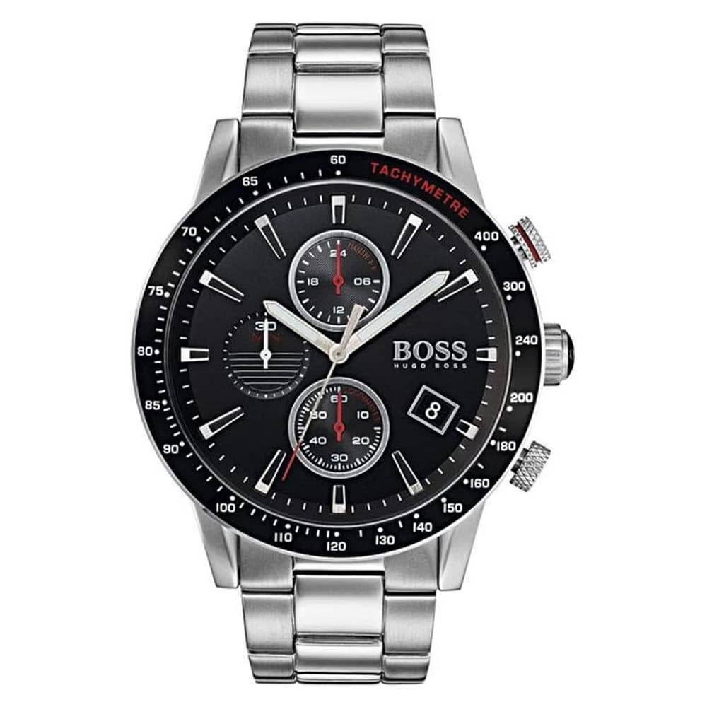 Hugo Boss Rafale Silver Stainless Steel Black Dial Chronograph Quartz Mens Watch 44mm 1513509