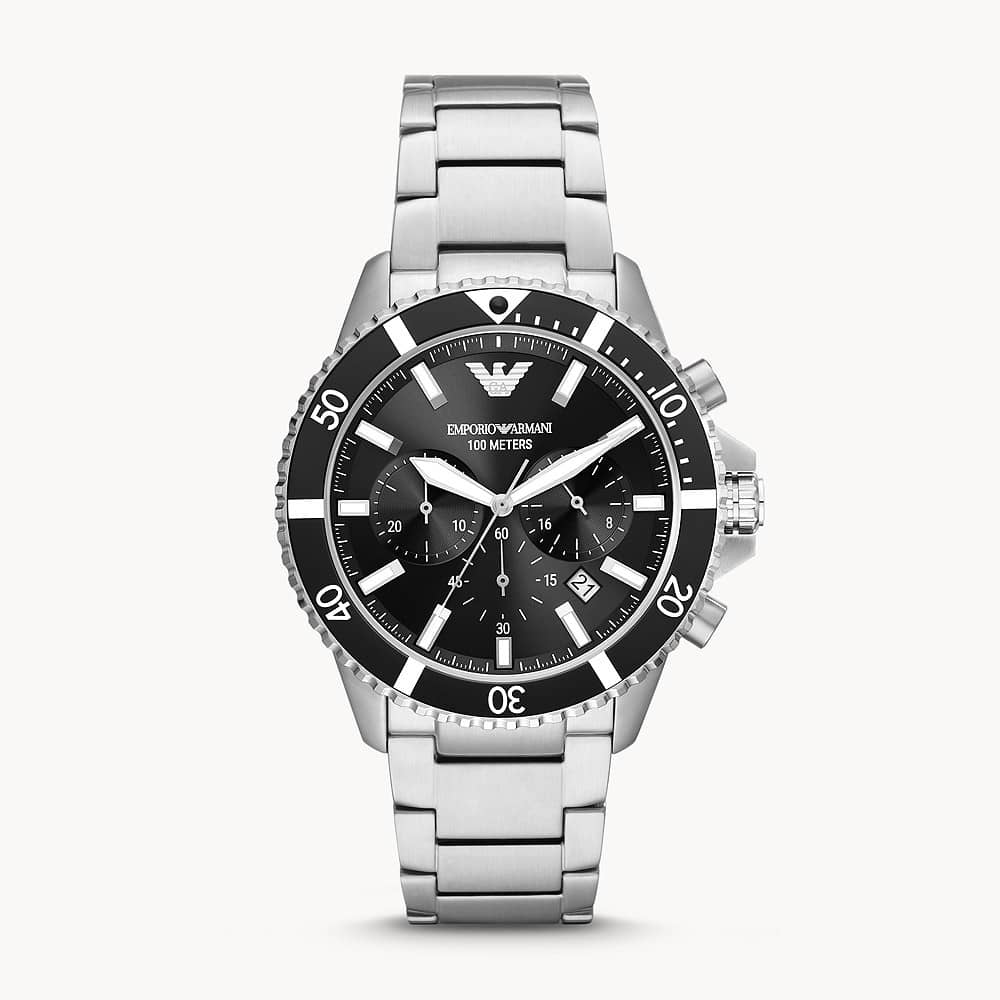 Emporio Armani Men's Diver Silver Stainless Steel Black Dial Watch 43mm AR11360