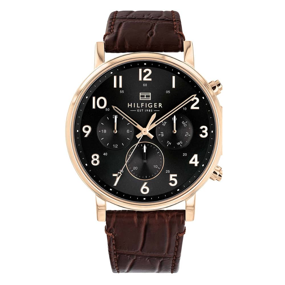 Tommy Hilfiger Men’s Quartz Brown Leather Strap Black Dial 45mm Watch 1710379