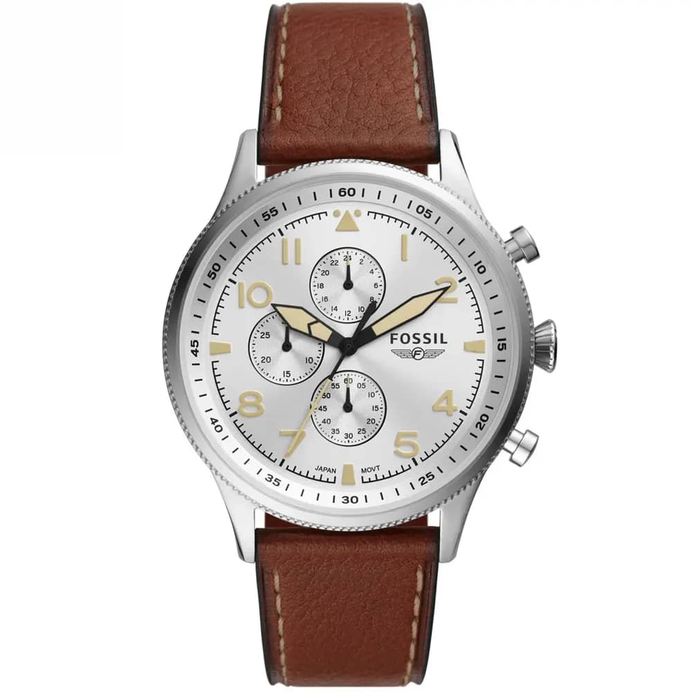 Fossil Men’s Quartz Brown Leather Strap Silver Dial 44mm Watch FS5809