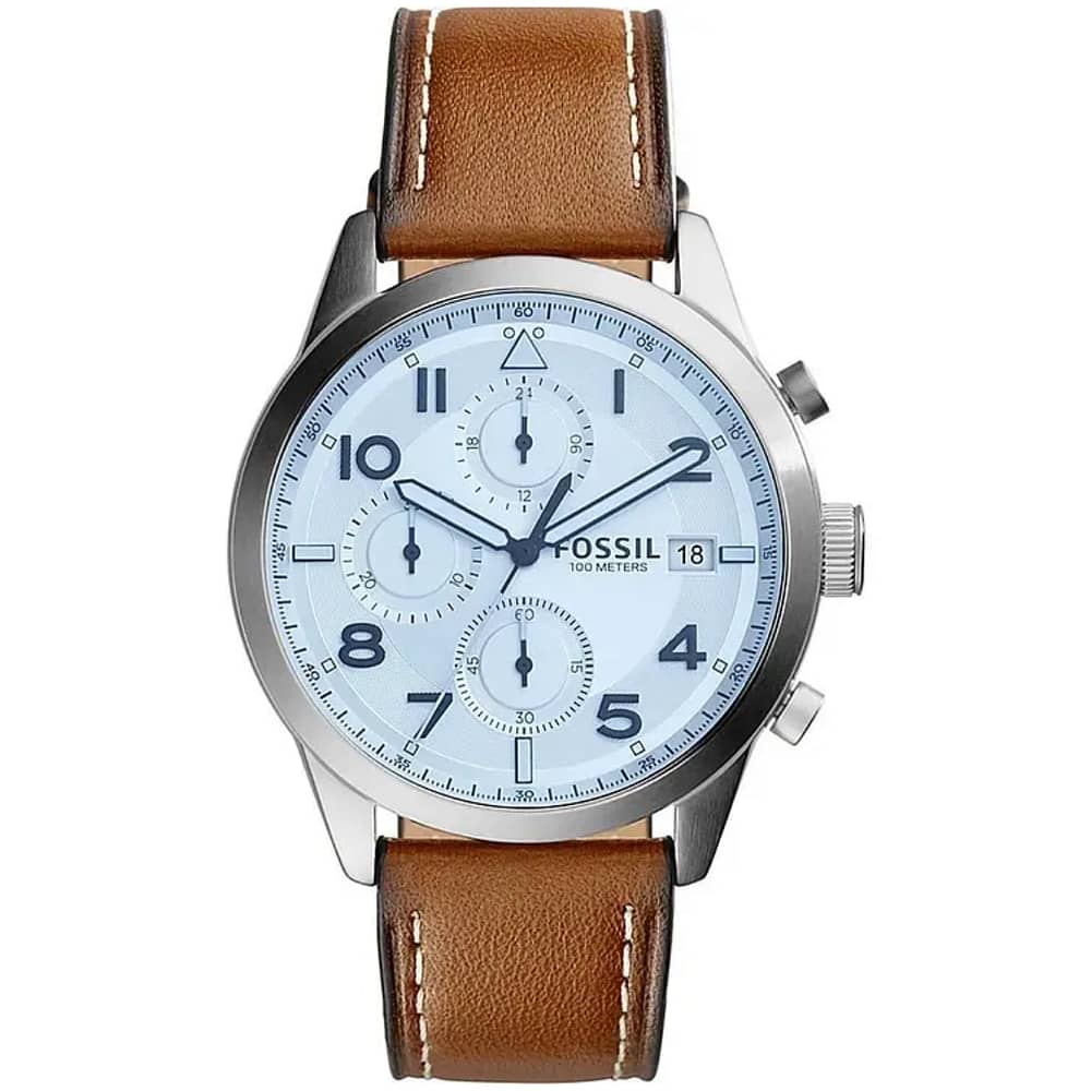 Fossil Men’s Chronograph Quartz Leather Strap Silver Dial 44mm Watch FS5169