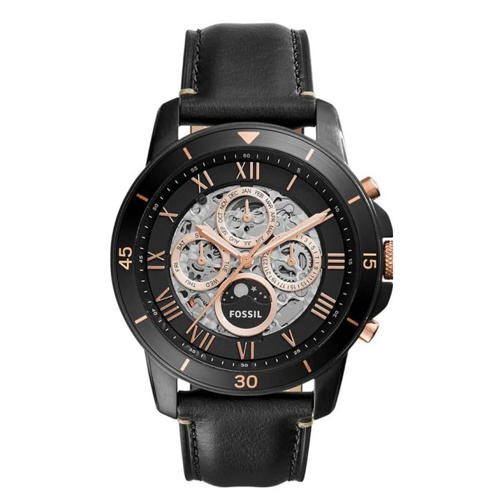 Fossil Men’s Automatic Black Leather Strap Black Skeleton Dial 44mm Watch ME3138