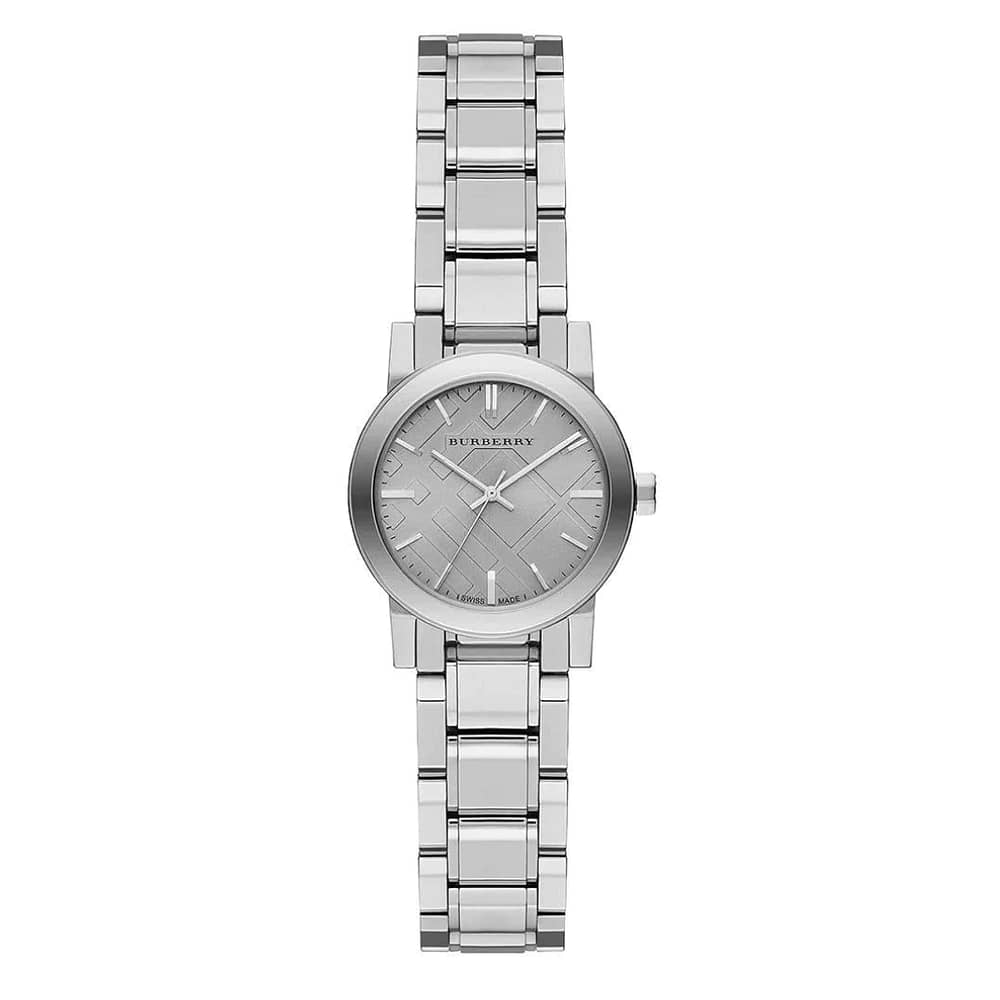 Burberry Women’s Swiss Made Quartz Stainless Steel Grey Check Stamped Dial 26mm Watch BU9229