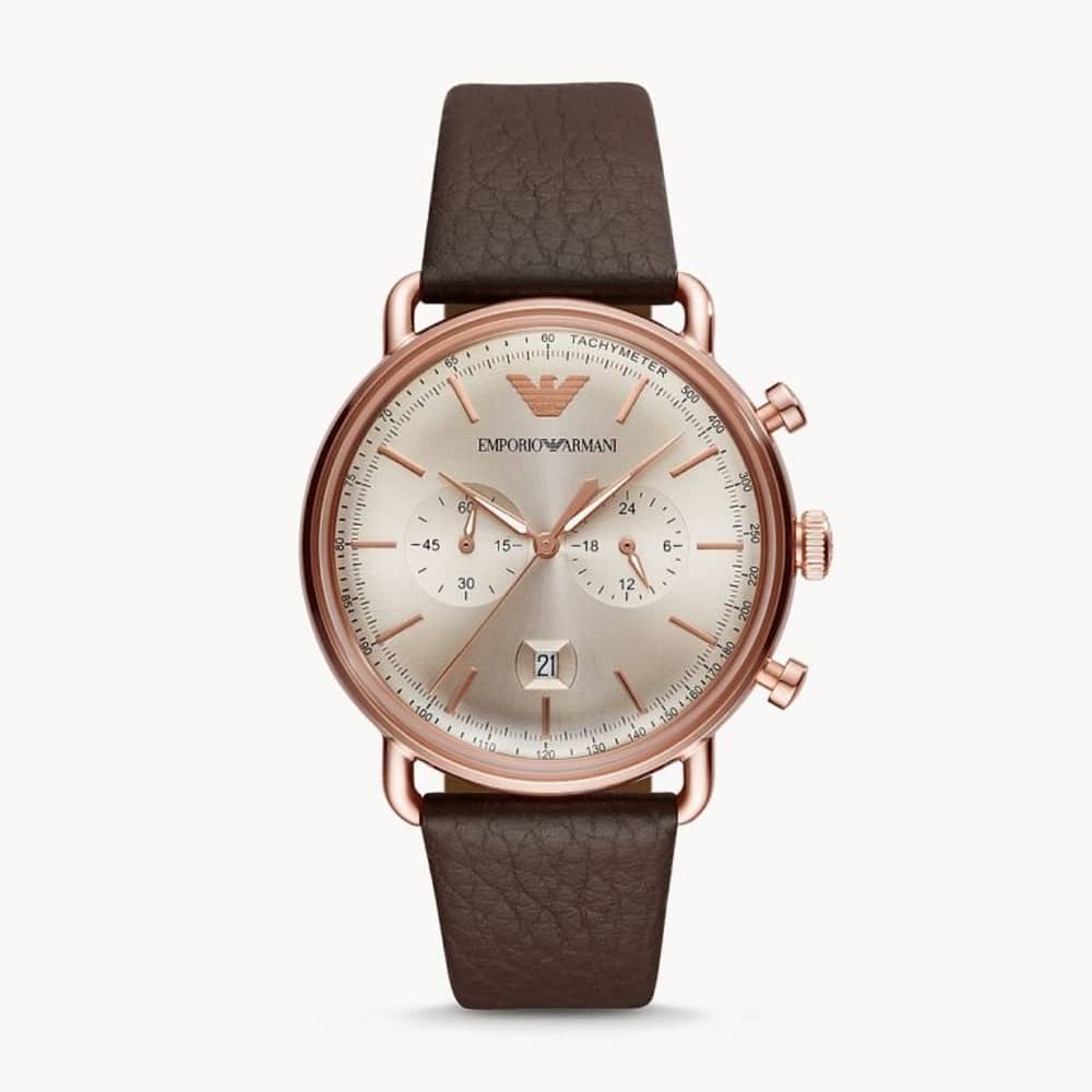 Emporio Armani Men’s Chronograph Quartz Brown Leather Strap Rose Gold Shine Dial 43mm Watch AR11106