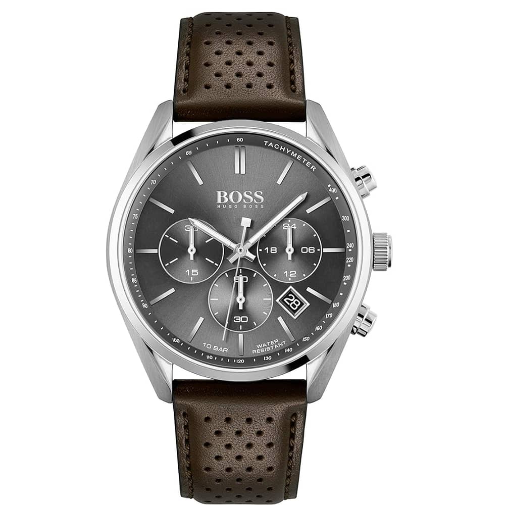 Hugo Boss Men’s Quartz Leather Strap Gray Dial 44mm Watch 1513815