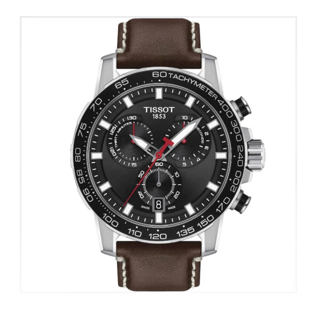 TISSOT Men’s Swiss Made Quartz Brown Leather Strap Black Dial 45mm Watch T125.617.16.051.01