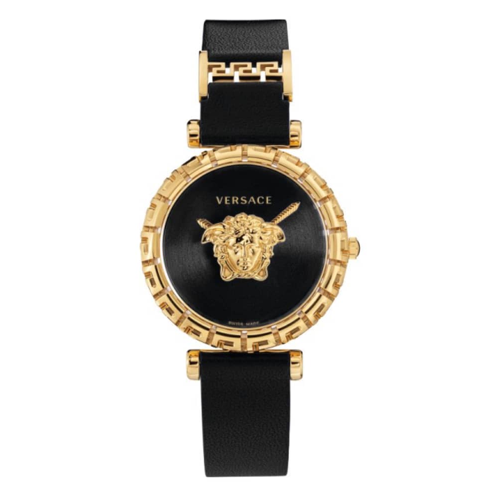 Versace Women’s Quartz Swiss Made Black Leather Strap Black Dial 37mm Watch VEDV00119