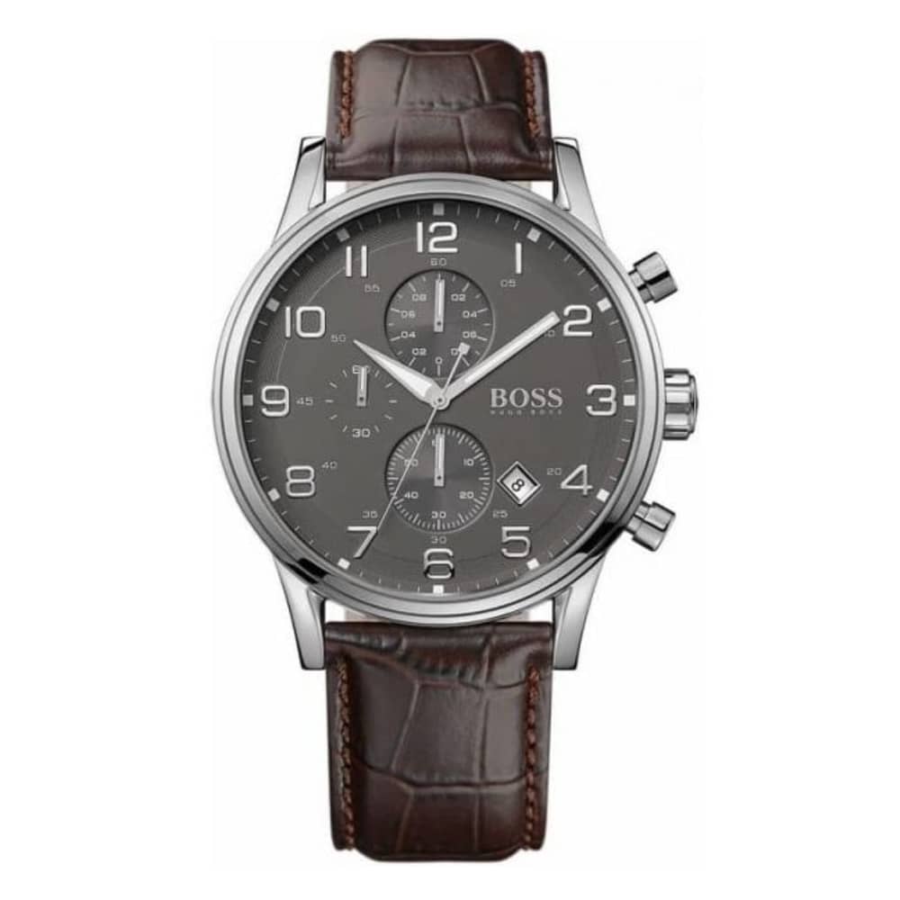Hugo Boss Men’s Quartz Leather Strap Grey Dial 44mm Watch 1512570