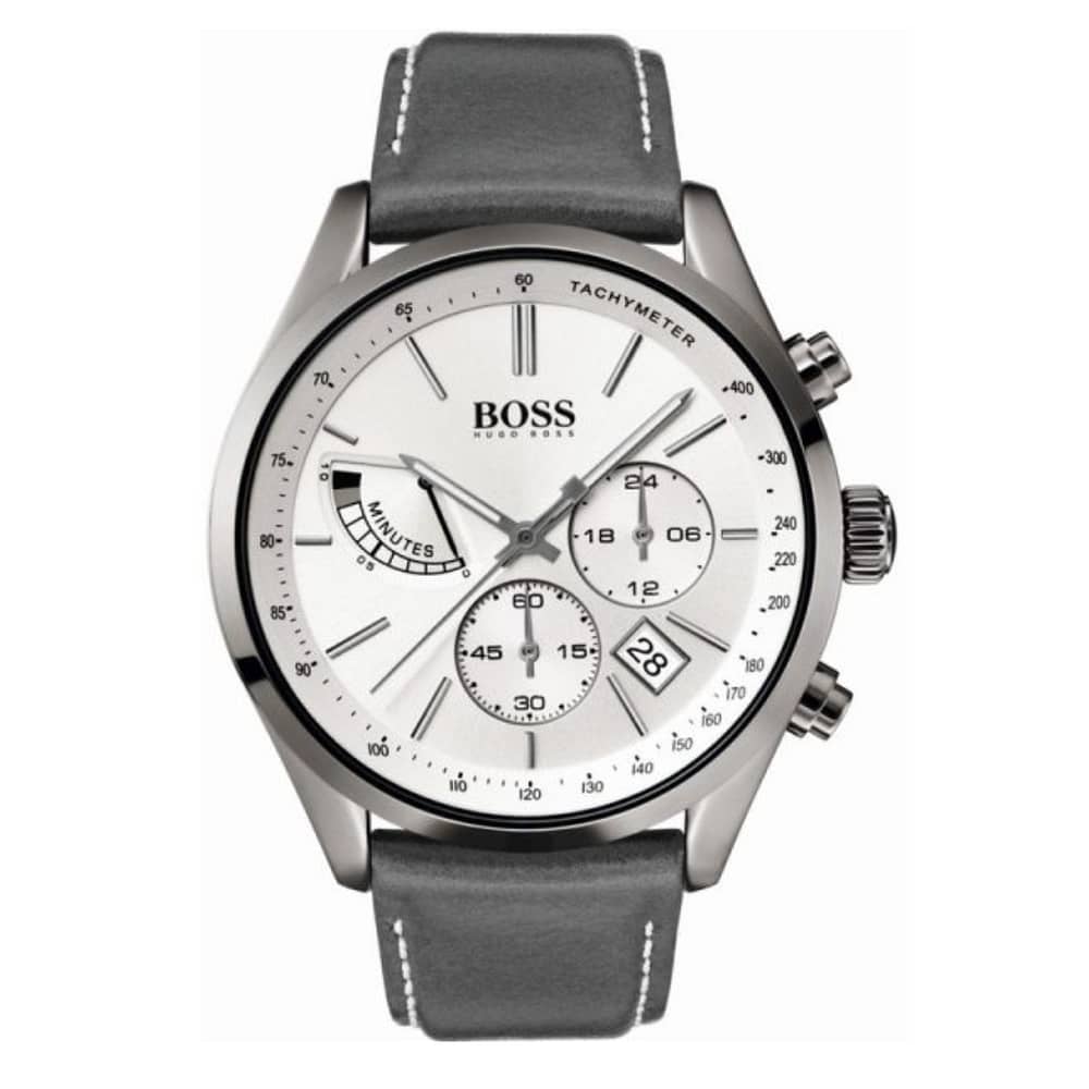 Hugo Boss Men’s Quartz Grey Leather Strap Off-White Dial 44mm Watch 1513633