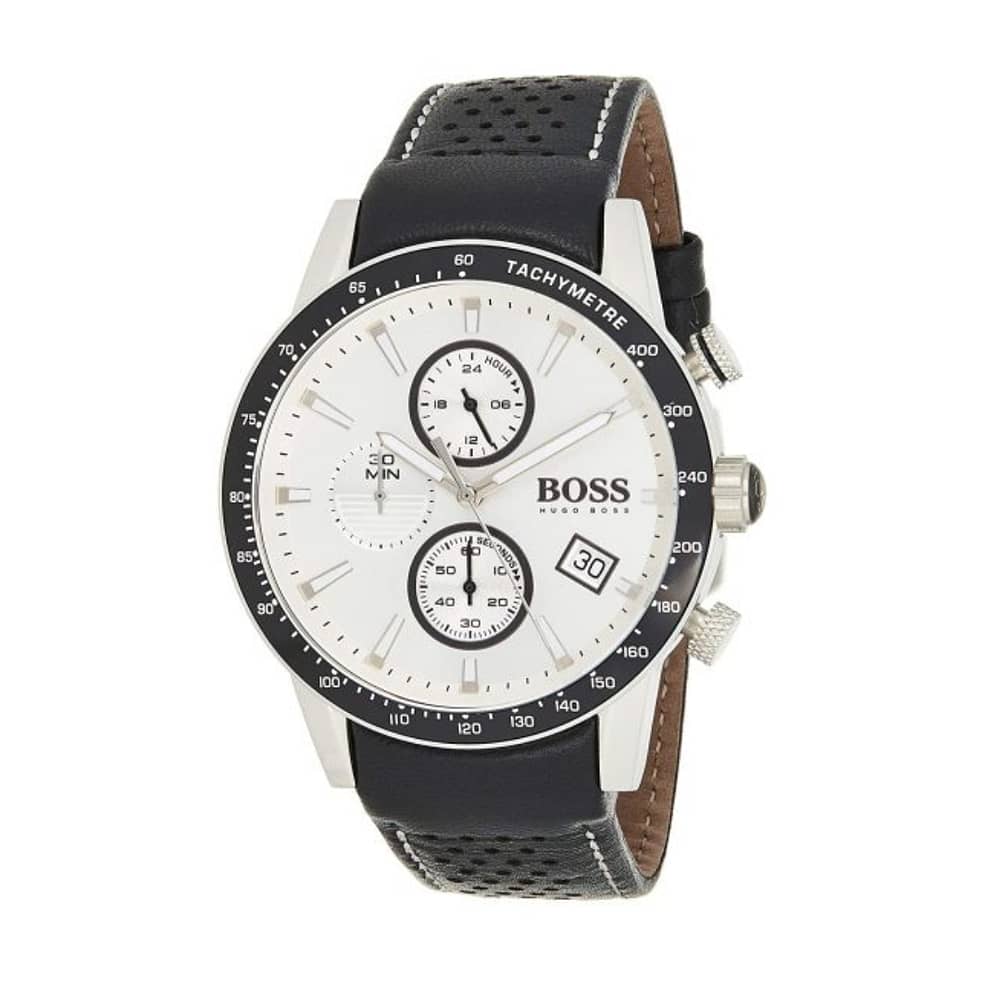 Hugo Boss Men’s Chronograph Quartz Leather Strap Silver Dial 44mm Watch 1513403