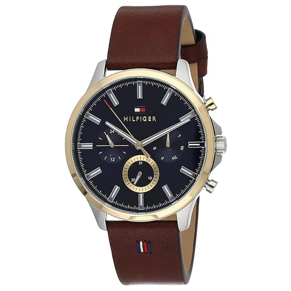Tommy Hilfiger Men’s Quartz Brown Leather Strap Blue Dial 44mm Watch 1710496