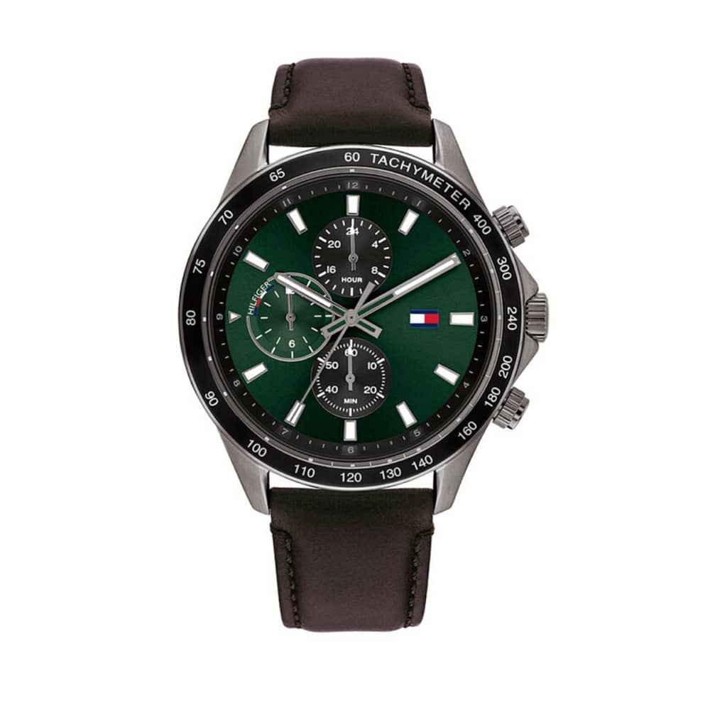 Tommy Hilfiger Men’s Quartz Brown Leather Strap Green Dial 44mm Watch 1792017