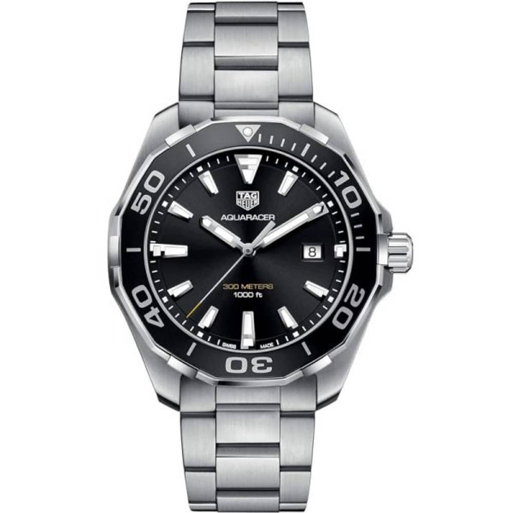 Tag Heuer Aquaracer Men’s Quartz Swiss Made Silver Stainless Steel Black Dial 43mm Watch WAY101A.BA0746