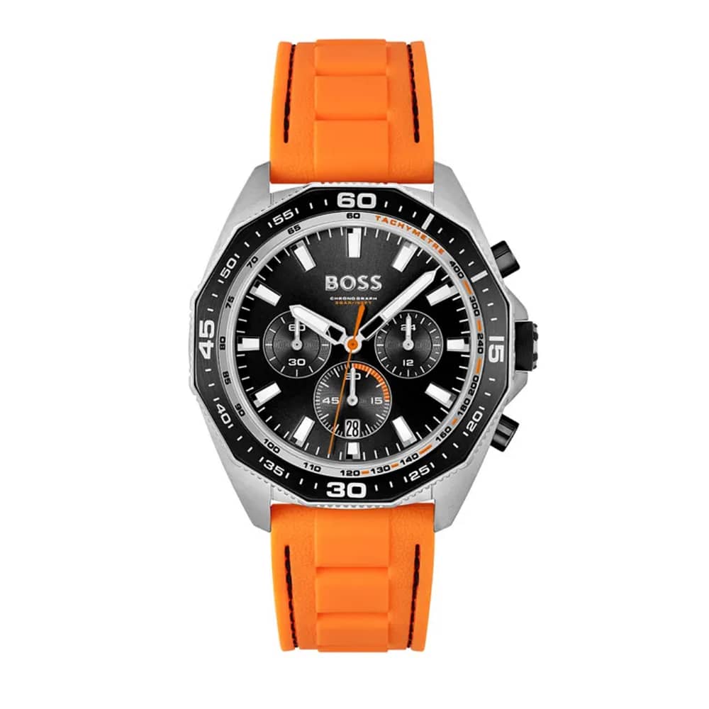 Hugo Boss Men’s Quartz Orange Silicone Strap Black Dial 44mm Watch 1513970
