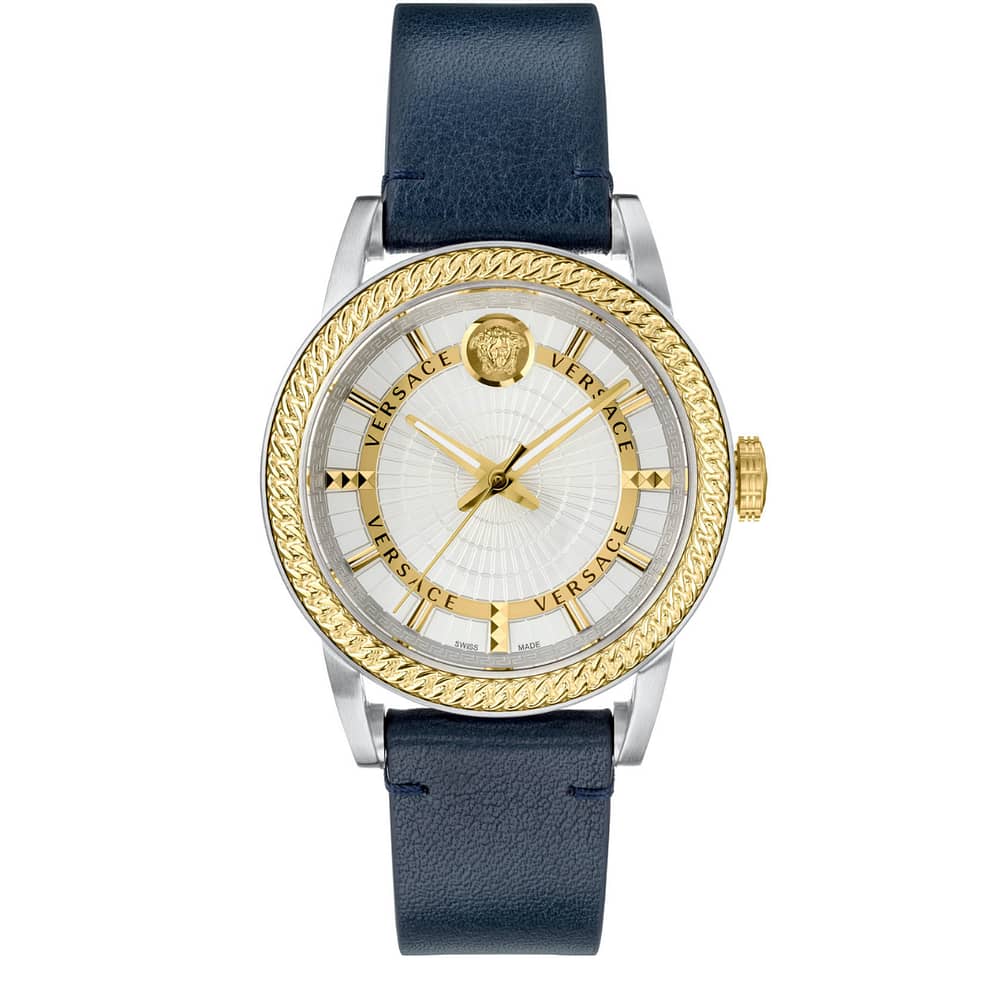 Versace Men’s Quartz Swiss Made Blue Leather Strap Silver Dial 41mm Watch VEPO00120