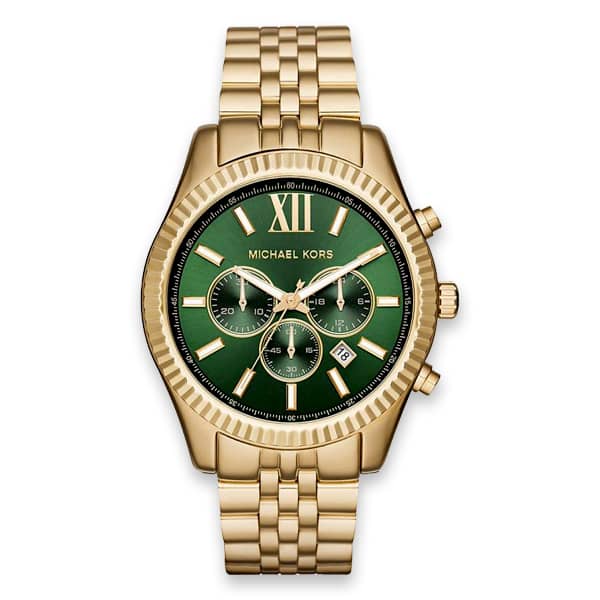 Michael Kors Mens Lexington Chronograph Gold Tone Stainless Steel Green Dial Watch 44mm MK8446