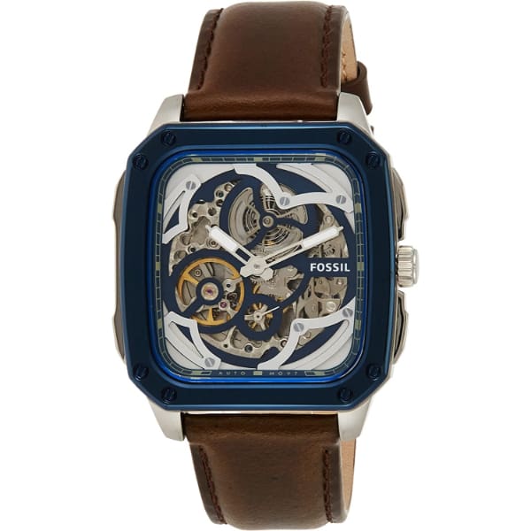 Fossil Men’s Automatic Brown Leather Strap Blue Skeleton Dial 42mm Watch BQ2571