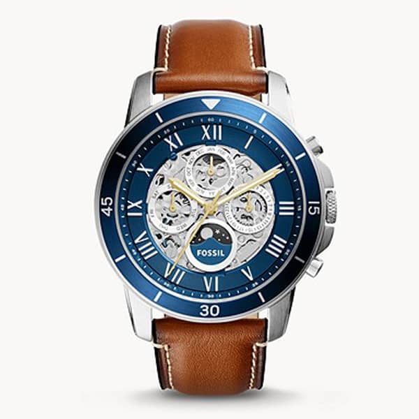 Fossil Men’s Automatic Brown Leather Strap Blue Skeleton Dial 44mm Watch ME3140