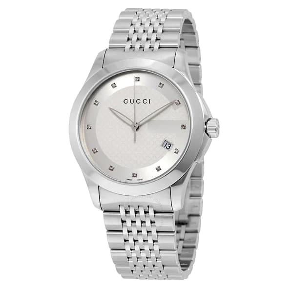Gucci Men’s Swiss Made Quartz Silver Stainless Steel Silver Patterned Dial 38mm Watch YA126404