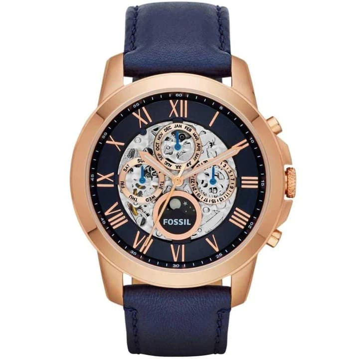 Fossil Men’s Automatic Blue Leather Strap Skeleton Dial 44mm Watch ME3029