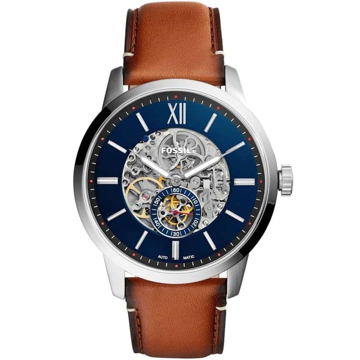 Fossil Men’s Automatic Brown Leather Strap Blue Skeleton Dial 48mm Watch ME3154