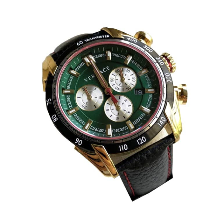Versace Men’s Quartz Swiss Made Black Leather Strap Green Dial 44mm Watch VDB050014