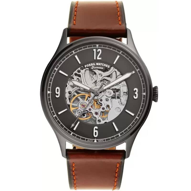 Fossil Men’s Automatic Brown Leather Strap Grey Skeleton Dial 42mm Watch ME3178