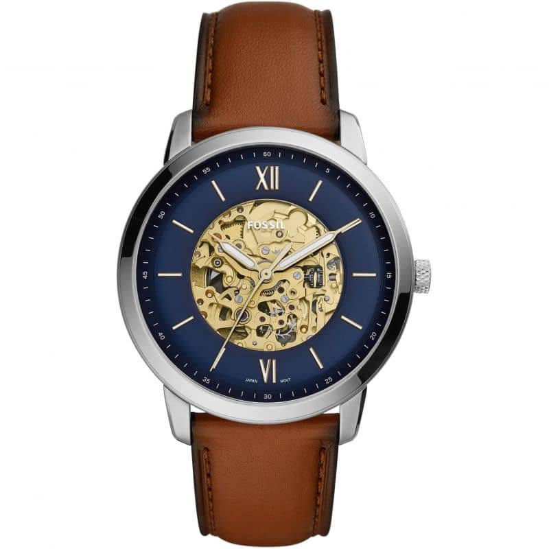 Fossil Men’s Automatic Brown Leather Strap Blue Skeleton Dial 44mm Watch ME3160