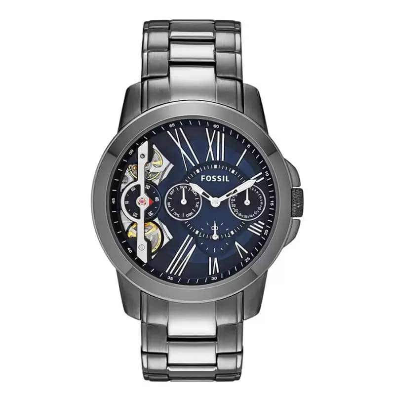 Fossil Men’s Mechanical Grey Stainless Steel Blue Skeleton Dial 44mm Watch ME1146