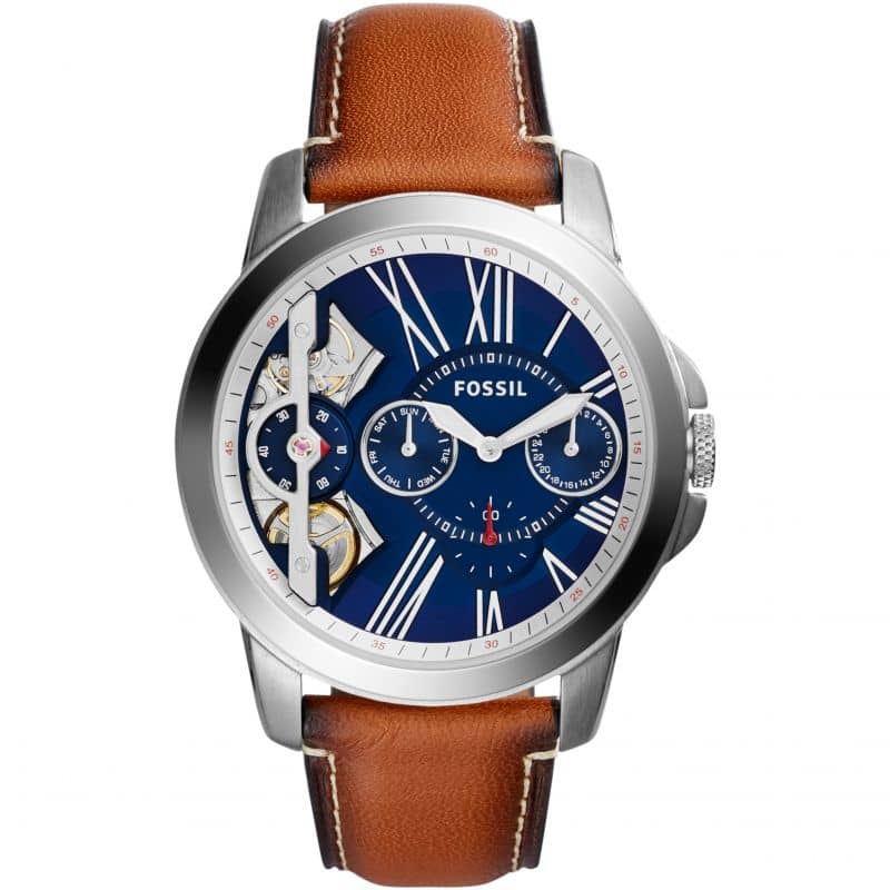Fossil Men’s Mechanical Brown Leather Strap Blue Dial 44mm Watch ME1161