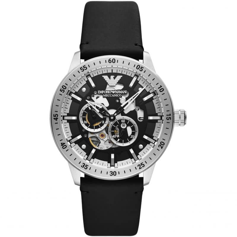 Emporio Armani Men’s Automatic Black Leather Strap Black Dial 43mm Watch AR60051
