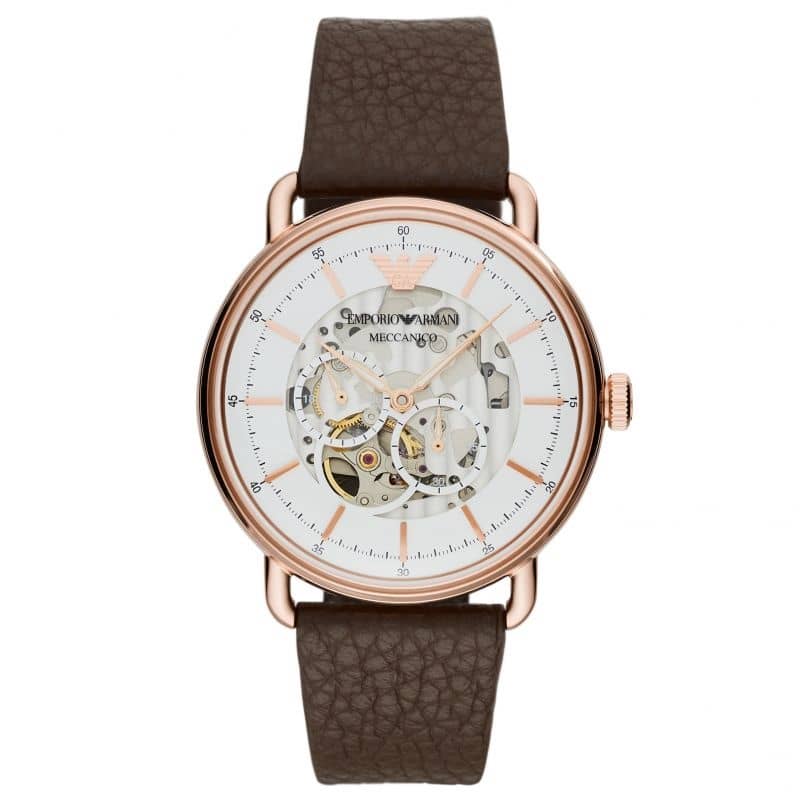 Emporio Armani Men’s Automatic Leather Strap White Dial 43mm Watch AR60027