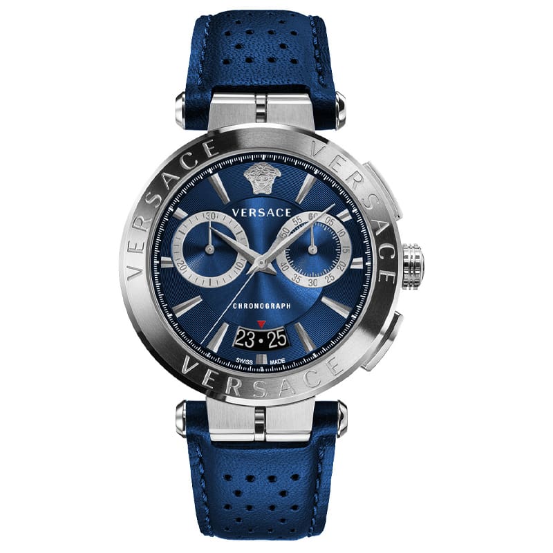 Versace Men’s Quartz Swiss Made Blue Leather Strap Blue Dial 45mm Watch VE1D01220