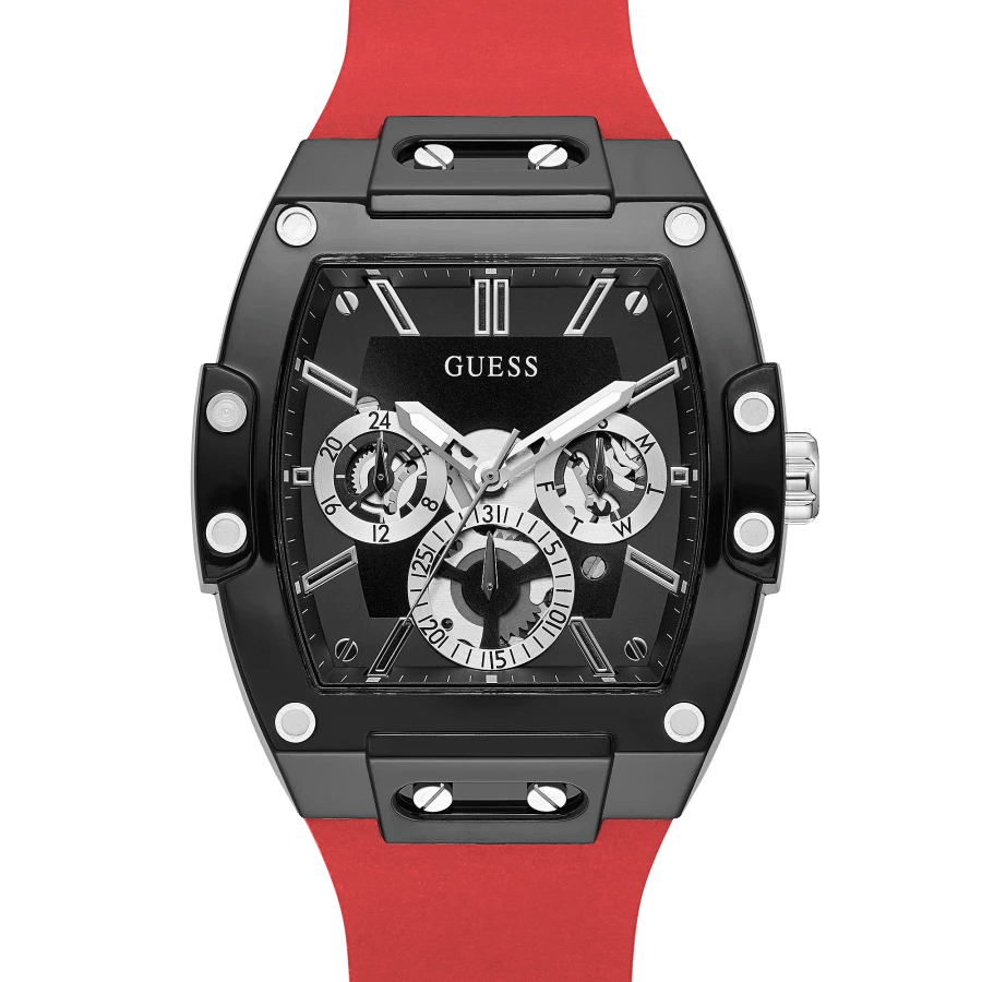 Guess Mens Gunmetal PC Case Black Multi-Function Red Dial Watch 43mm GW0203G4
