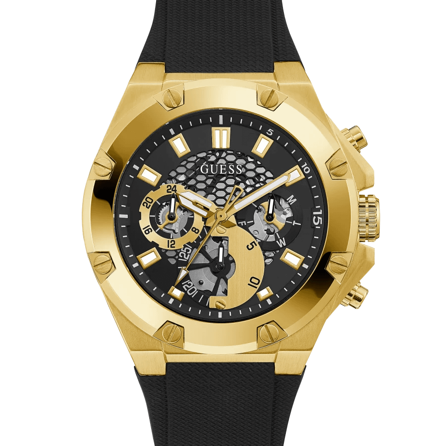 Guess Mens Gold Case Black Multi-Function Dial Black Textured Silicone Strap Watch 46 mm GW0334G2
