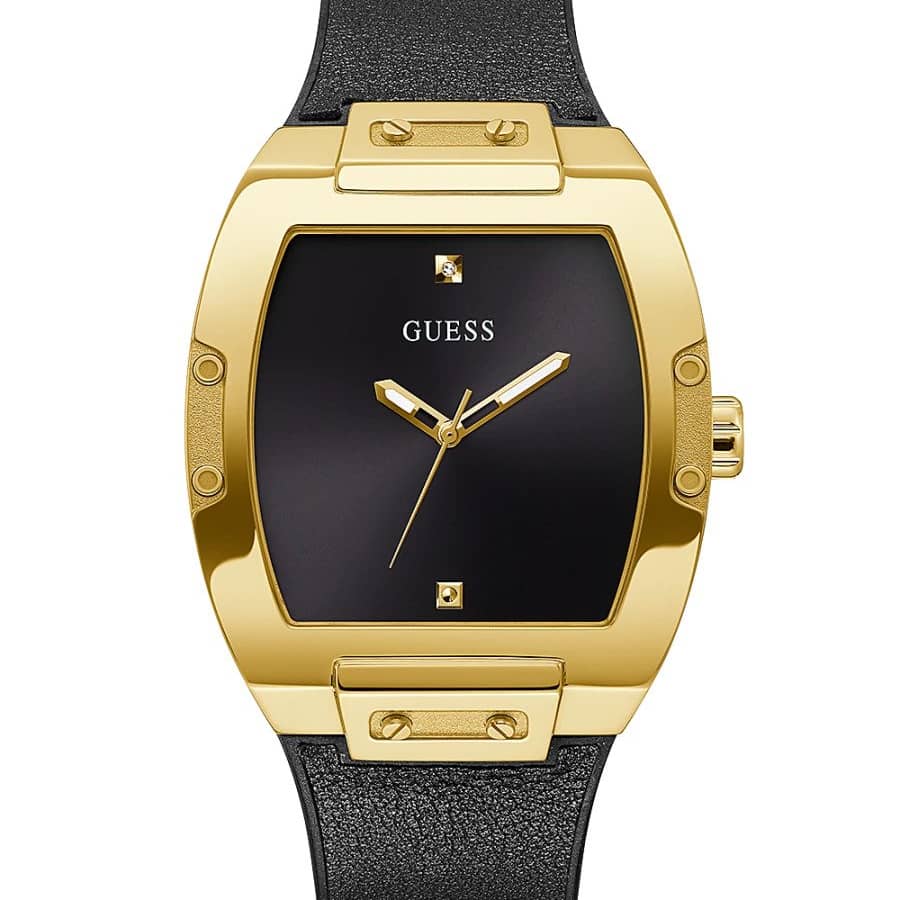 Guess Mens Gold Tone Stainless Steel Case Quartz Sunray Analog Mineral Glass Black Dial Watch 43mm GW0386G3